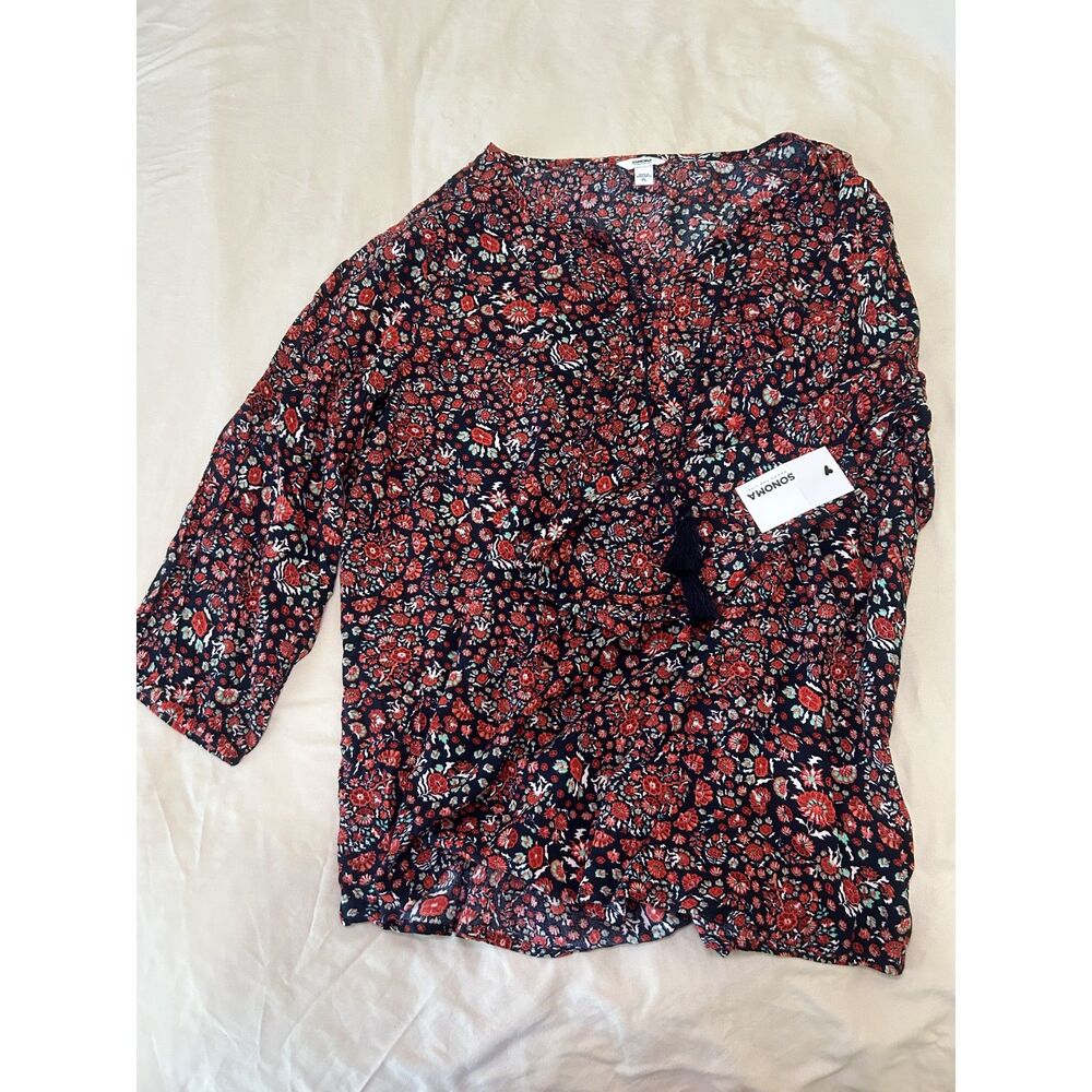NWT Sonoma Women's 3/4 Sleeve Floral Blouse size XL Cottagecore BohoTassel top